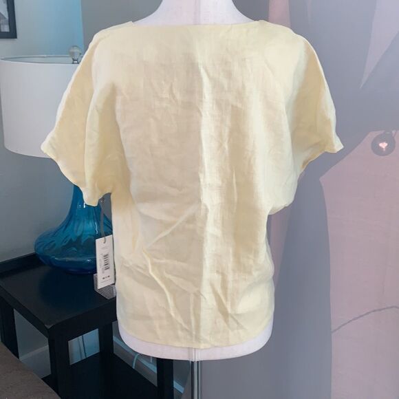 Three Dots linen v-neck button up tie waist yellow blouse size small - Picture 3 of 7